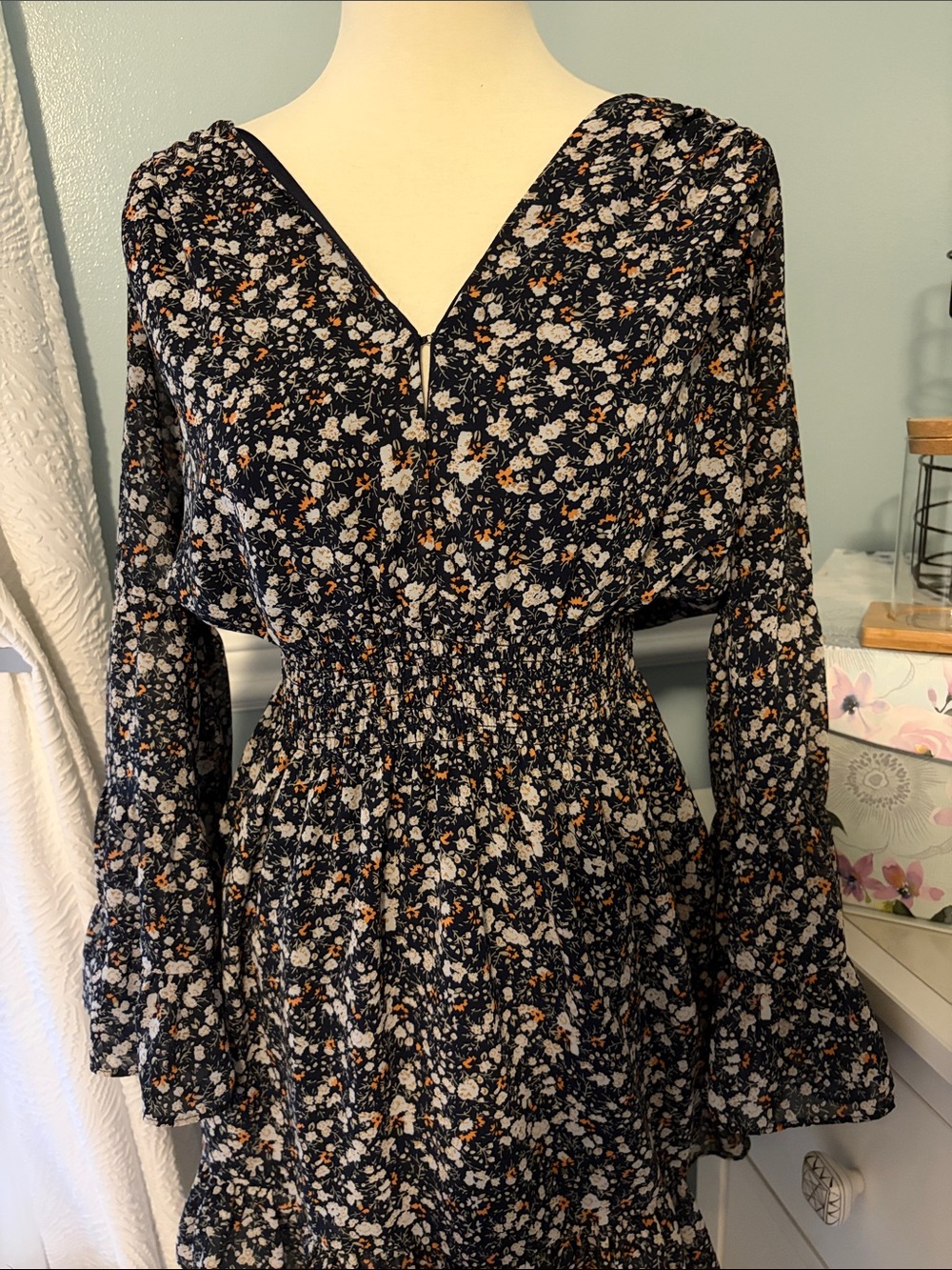 Lush Black Floral Long Sleeve Smocked Waist Dress
